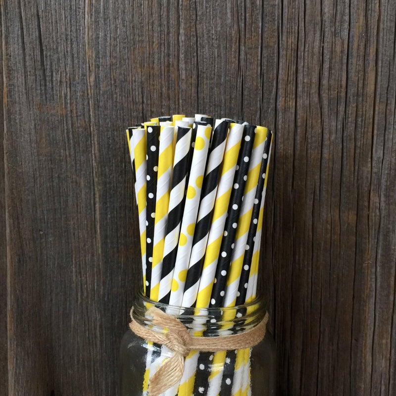 Outside the Box Papers Bee Theme Striped and Polka Dot Paper Straws 7.75 Inches 100 Pack Black, Yellow, White - Image 2